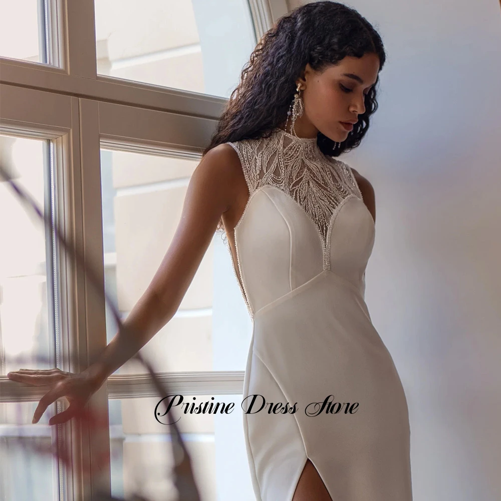 Romantic Watteau Train Jersey Wedding Dress for Brides High Neckline Sleeveless Side Slit Sheath Saudi Bridal Gowns with Beading