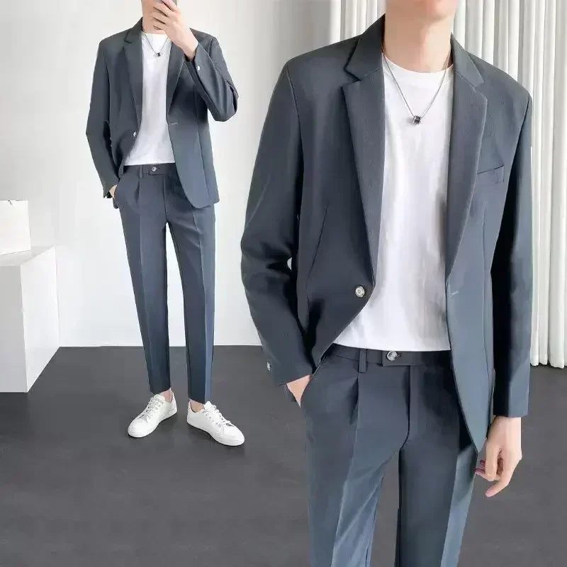 

Мужской костюм S-5XL высокого качества, простой деловой повседневный костюм для джентльменов, комплект из 2 предметов, модный классический однотонный (пиджак + брюки)