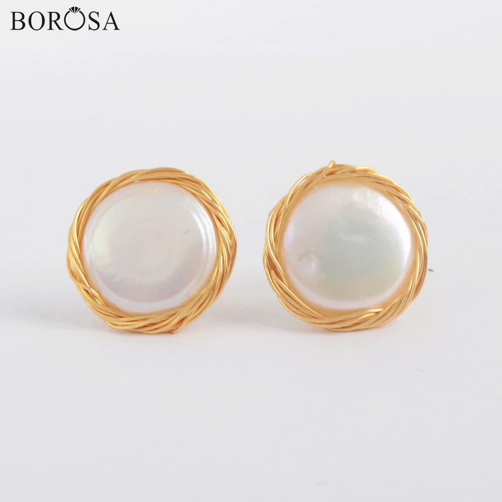 

BOROSA Design 3Pairs Round Natural Pearl Wire Wrap Studs 16mm Trendy Freshwater Stud Earring Christmas for Women Jewelry Gifts