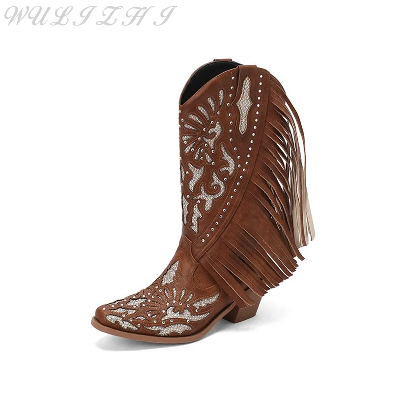 Women's Sweet Mid Calf Boots Fringe Sequins Retro Western Cowboy Booties Luxury Chunky Heel Slip On Handmade Women Shoes Winter