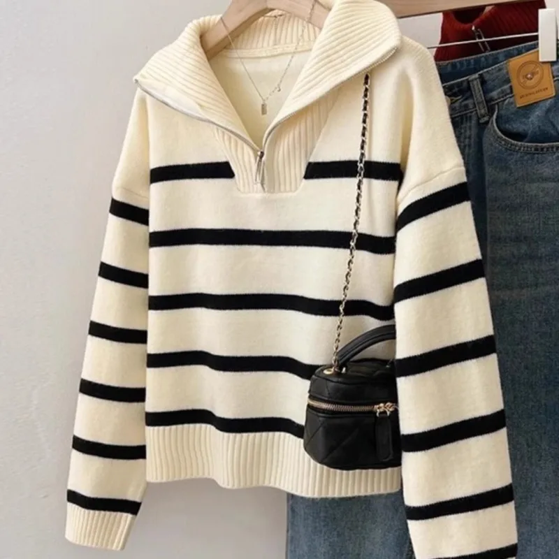 Women Fashion Loose Striped Asymmetry Knitted Sweaters Vintage Long Sleeve Zip-up Female Pullovers Chic Knitwear Tops 2024