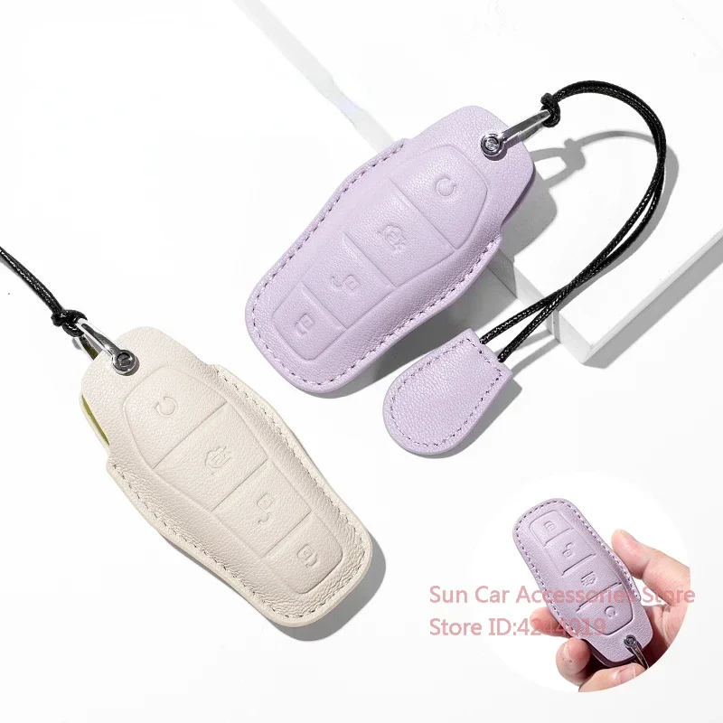 

For BYD ATTO3 SEAL Han Tang DMI EV Off White + Taro Purple Goat Skin Leather Car Remote Key Case Cover Keychain Accesorios