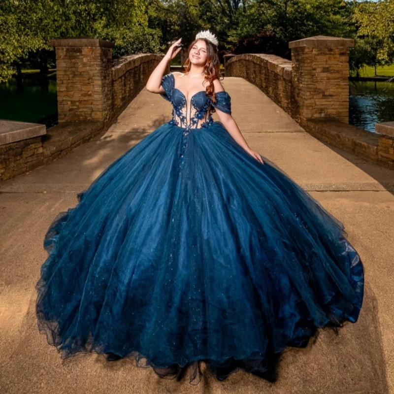 

Navy Blue Shiny Princess Off the Shoulder Sweet 16 Dress Quinceanera Dresses Applique Flower Beading Tull Party Birthday Vestido
