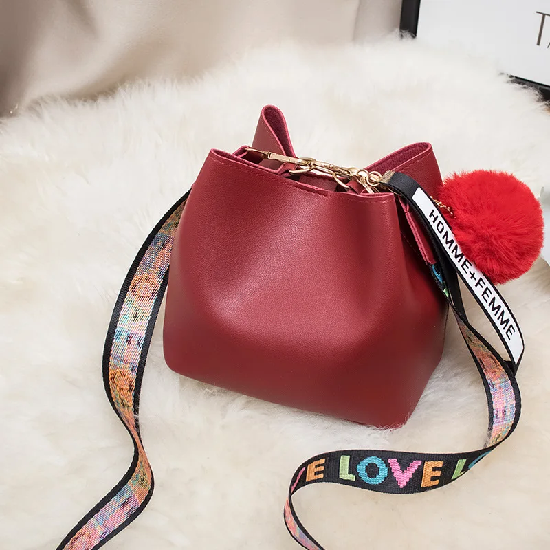 Women Fashion Bag Ball Pendant Bucket Sweet Lady Shoulder Messenger Crossbody Bag PU Girls Cute Side Purse