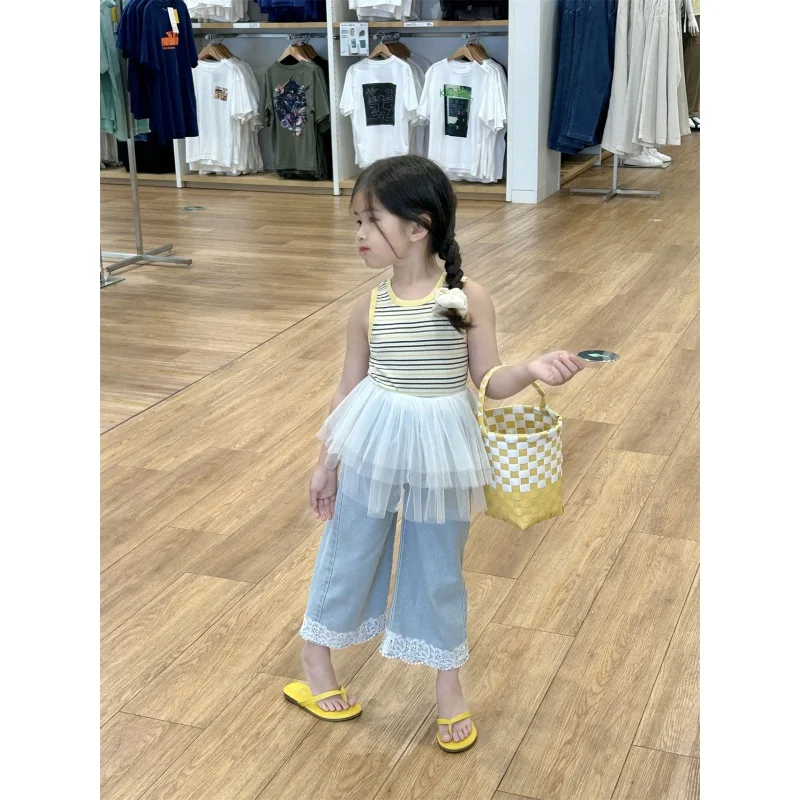 Children's Vest2024Summer New Children Yellow Striped Vest Gauze Skirt Lace Jeans