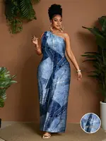 Plus Size Women Oblique Shoulder Wide Leg Jumpsuit, Casual Holiday Romper