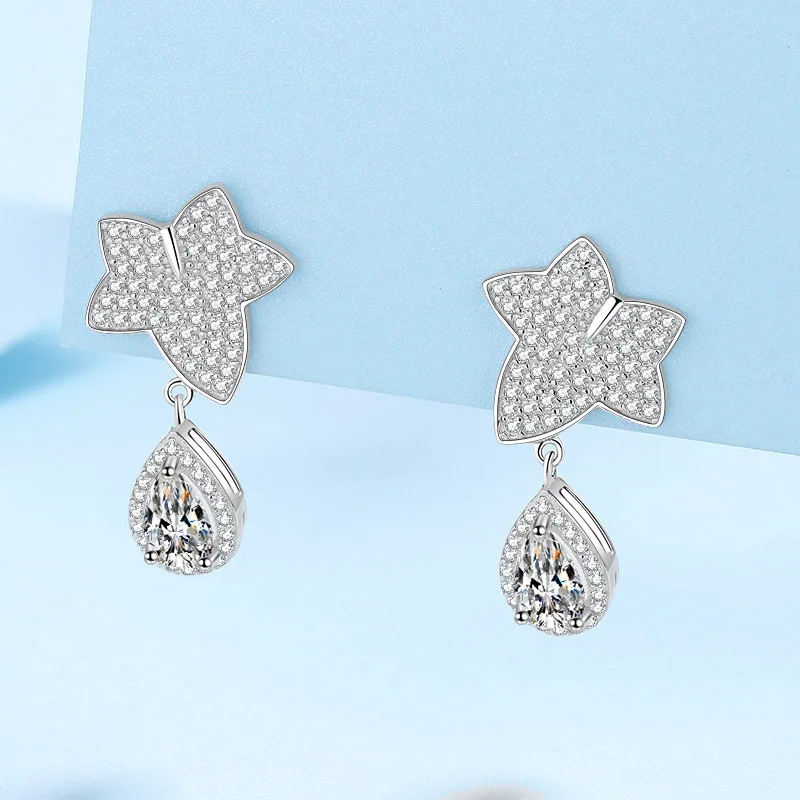 Classic women's PT950 Platinum Drop Earrings Maple leaf shape 1/2ct Moissanite Brilliant Diamond Wedding Fine Jewelry girl gift