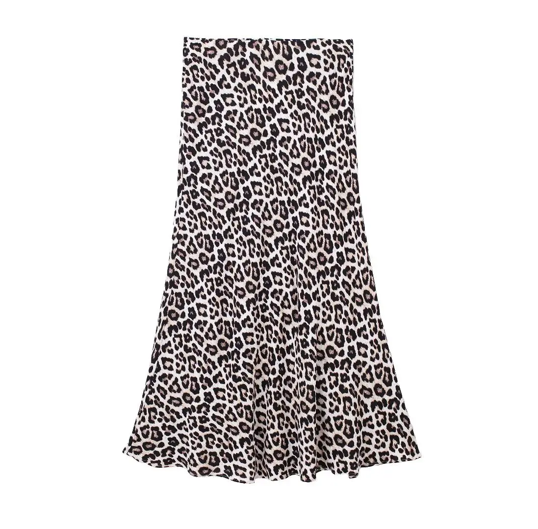 Women's Long Leopard Print Skirt Retro Street Summer A Line Silk Midi Skirt Elegant Ladies Party Night Satin Midi Skirt