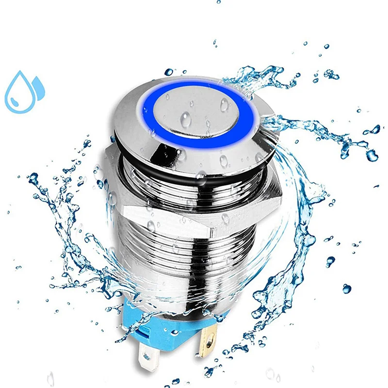 5PCS 12mm Latching Push Button Switch High Round Cap, Waterproof Metal Push Button Switch with 12V/24V Blue LightJAS