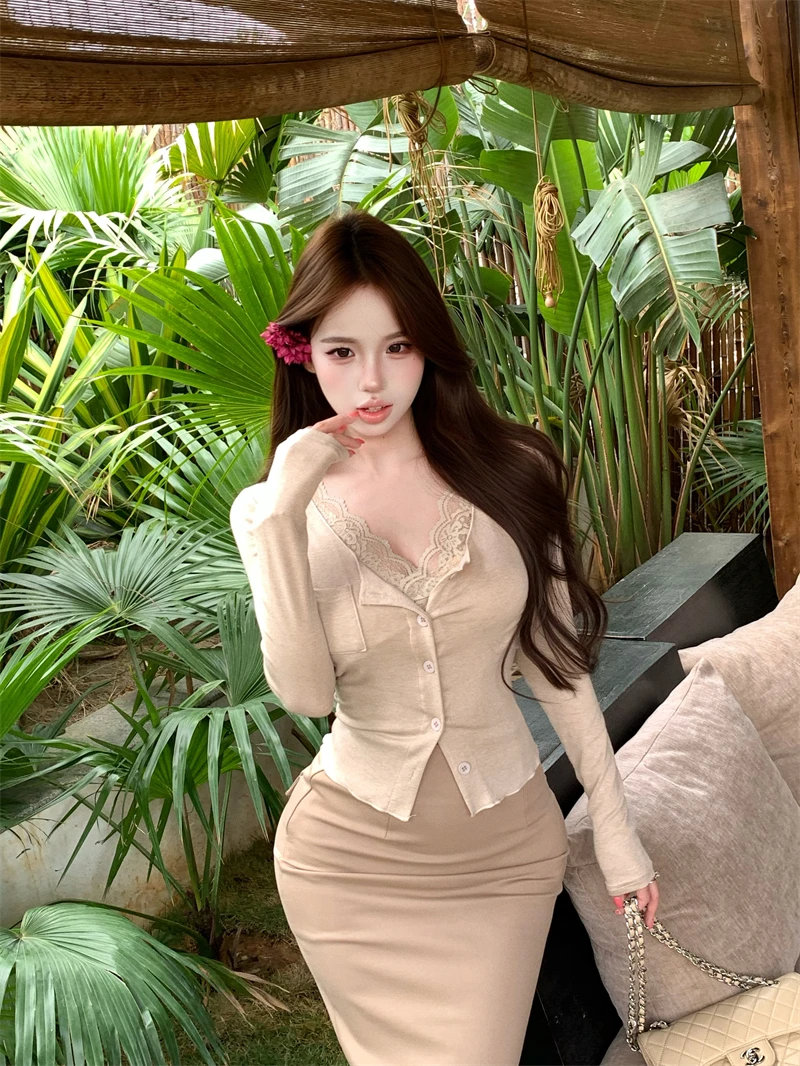 

Kumikumi Pure Desire Fake Two-Piece Set Sexy Long Sleeve T-Shirt Women's Slimming High Waist Skirt Two-Piece Spring Fashion Set