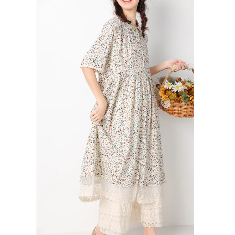 2023 Japanese Mori Gril Dress Summer New Square Neck Lace Floral Dress Women Korean Female Short Sleeve Midi Dress