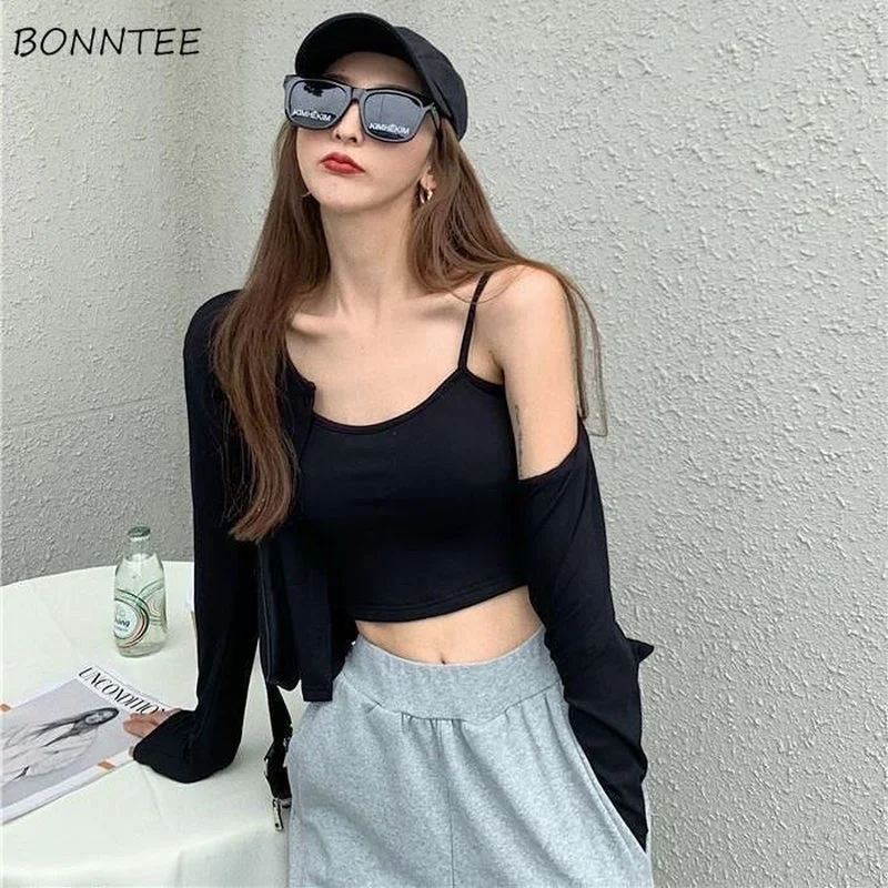 Sets Women Cool Solid Trendy Cardigan and Camisole 2 Pieces All-match Street Style Hot Sale Tender Simple Slim Holiday Sun-proof