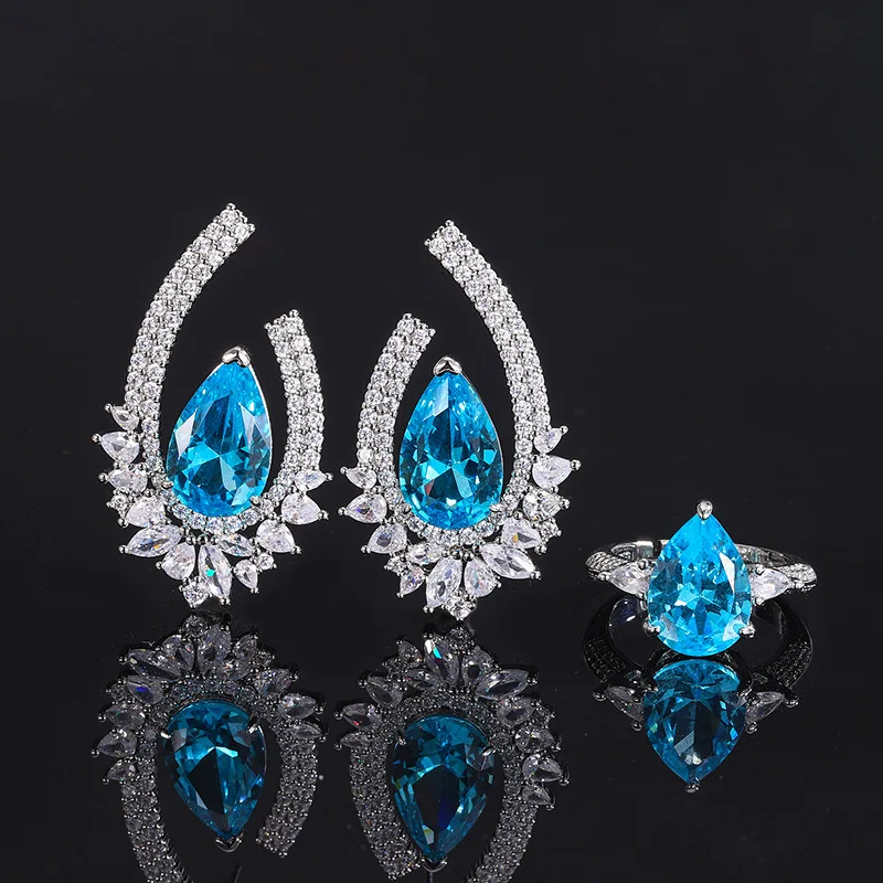 

Jewelry Set 925 Sterling Silver Needle Earrings with Zircon and Aquamarine Ring for Women