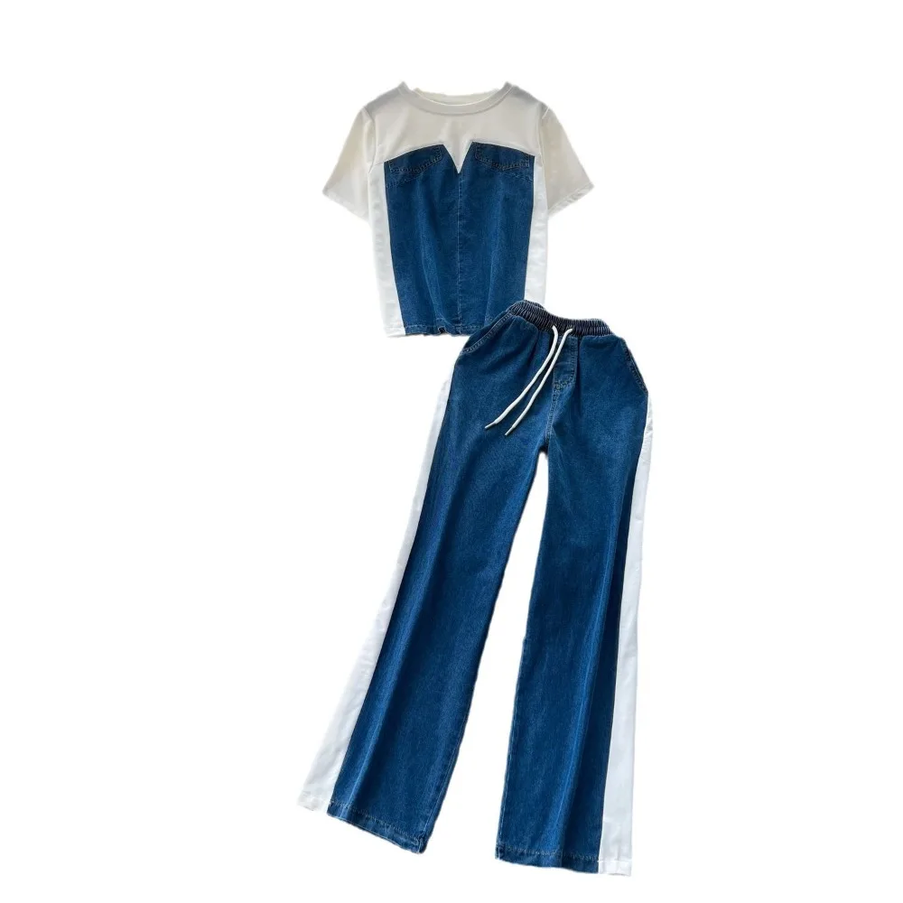 Denim 2 Piece Sets Women Jeans Suit Shirt  Wide Leg Pants Zipper Lace Up Patchwork Trousers Outfits Ensemble Summer 2025