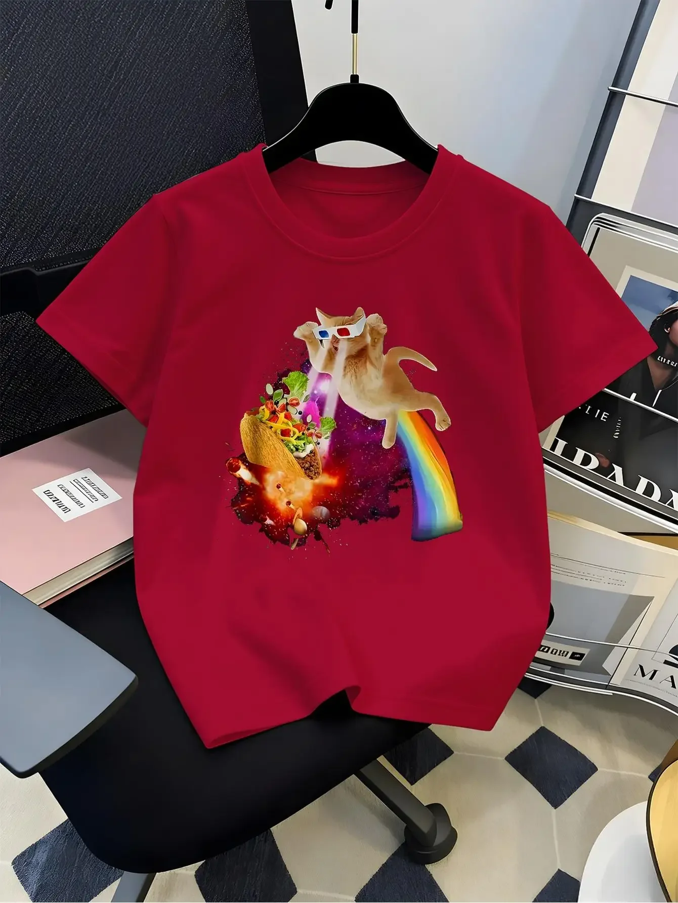 3D Glasses Cat Rainbow Taco Galaxy Print Boys Girls Kids Short Sleeve Tee Family Matching Parent Child Summer Casual Cotton Top
