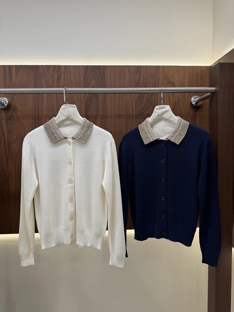 Sparkling Collar Knit Cardigan for Women Lapel Button‑Up Long Sleeve Casual Sweater Top