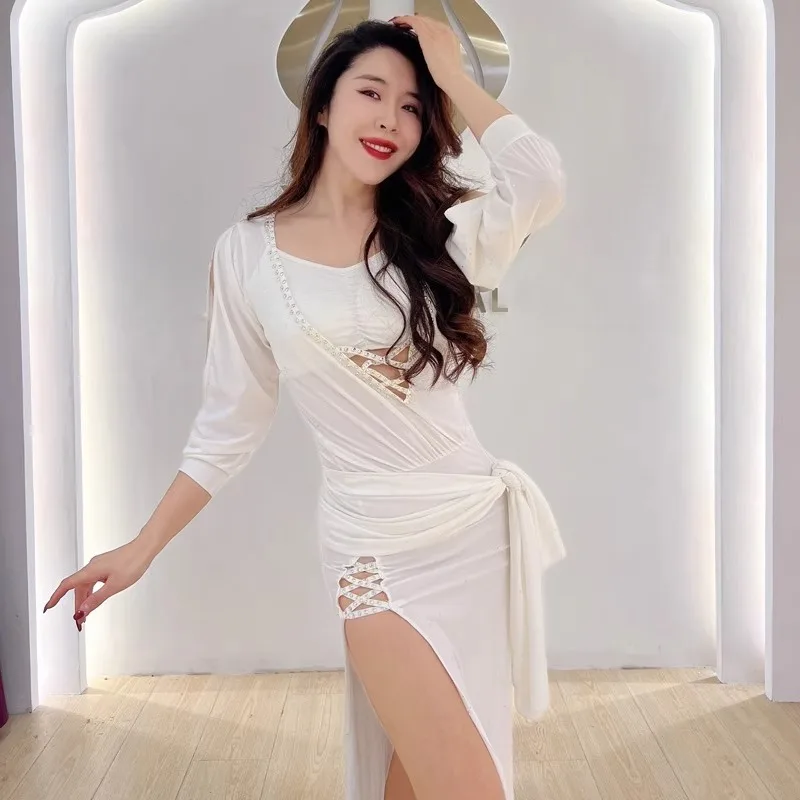 Aangepaste Buikdans Jurk V-hals Hot Diamond Split Mouw Dubbele Rok Body Taille Sjaal Hoofddoek Gewaad + Riem + Veiligheidsbroek + Vest