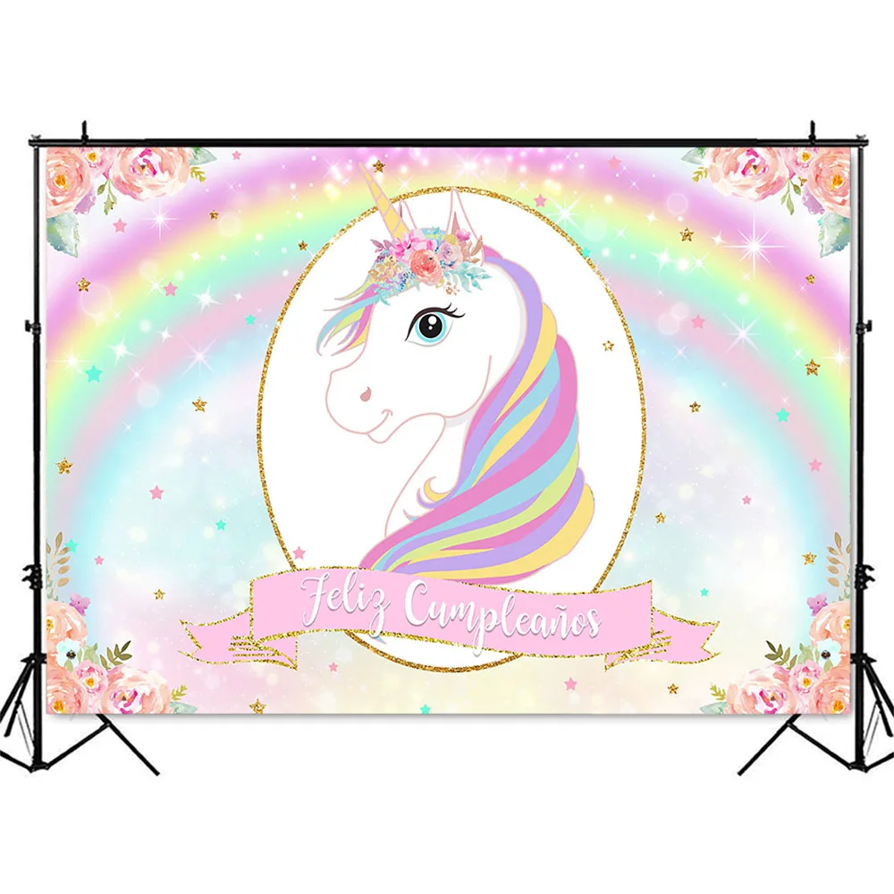 Unicorn Rainbow Birthday Backdrop Pink Flowers Newborn Girls Photo Booth background Feliz Cumpleaños Little Stars Photocall