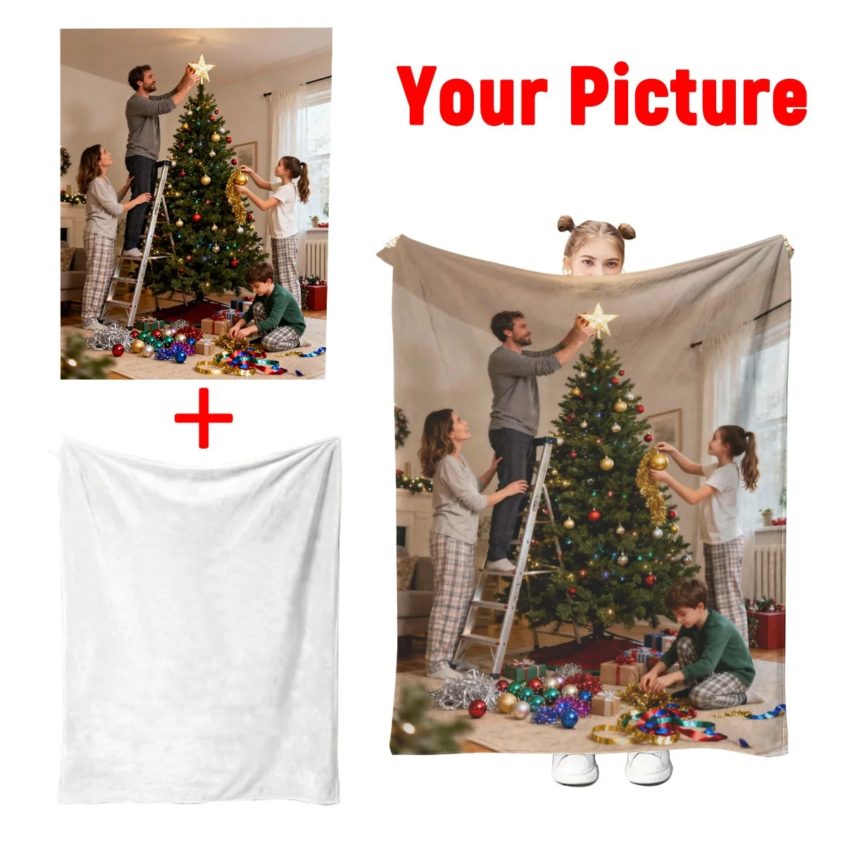 قطعة واحدة من بطانية الفانيلا المخصصة لصور عيد الميلاد العائلية - طباعة عالية الوضوح لا تتلاشى، خفيفة الوزن، دافئة، صديقة للبشرة، قابلة للغسل في الغسالة، مناسبة لأرائك غرفة المعيشة، وسرير غرفة النوم، وبوليستر عالي الجودة عالي الجودة بنسبة 100% - مناسبة لأفراد عائلة عيد الميلاد