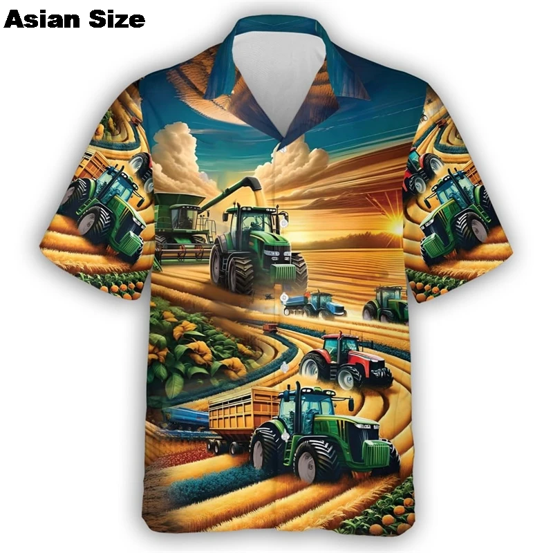 2025 Farmer Tractor Men's Shirts Lapel Streetwear Casual Shirt For Men Street Farmland Short Sleeve Top Daily Hawaiian Shirts