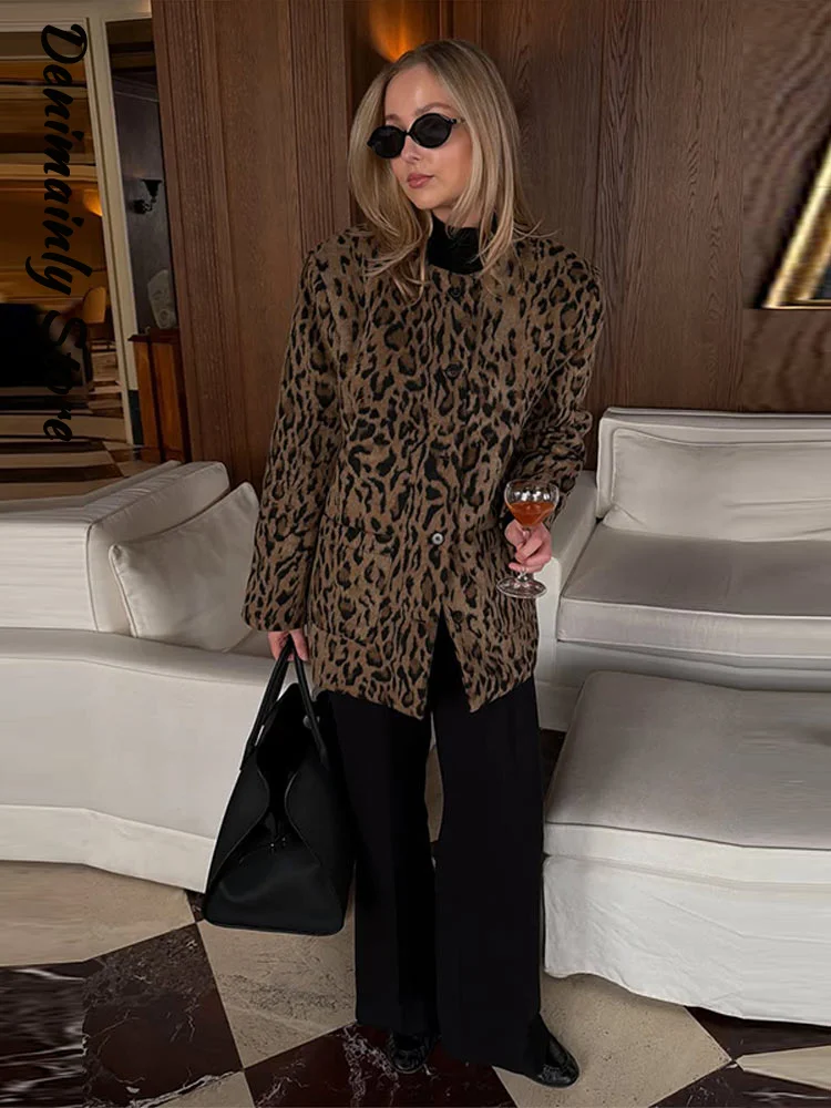 Vintage Women's Leopard Printed Fleece Coats Loose O-neck Full Sleeve Single Breasted Pockets Jackets 2026 Autumn Lady Outwear