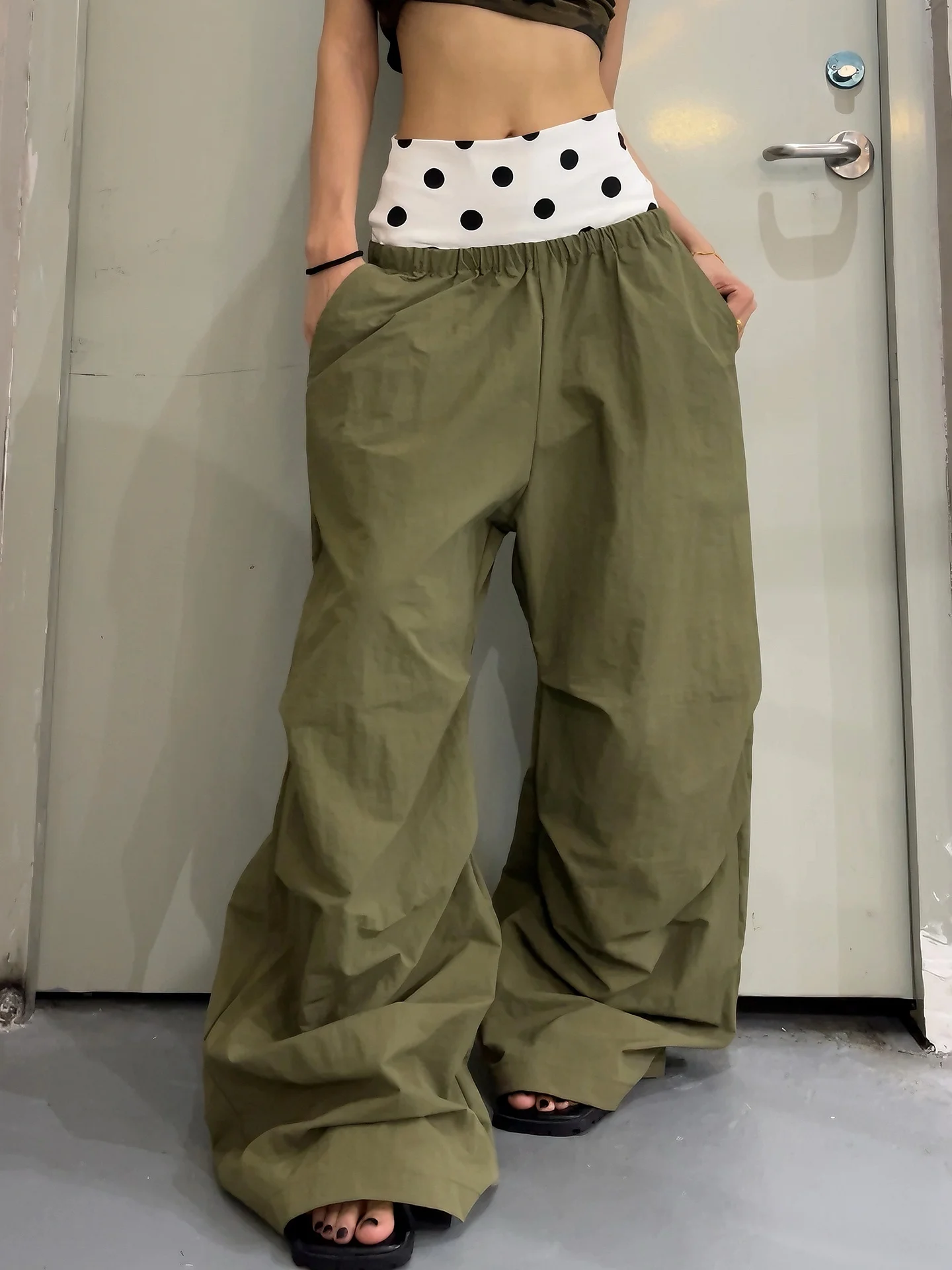 

American Polka Dot Splice Double Waist Head Paratrooper Pants Women's Knife Work Loose Drapey Street Dance Floor Casual Long ...