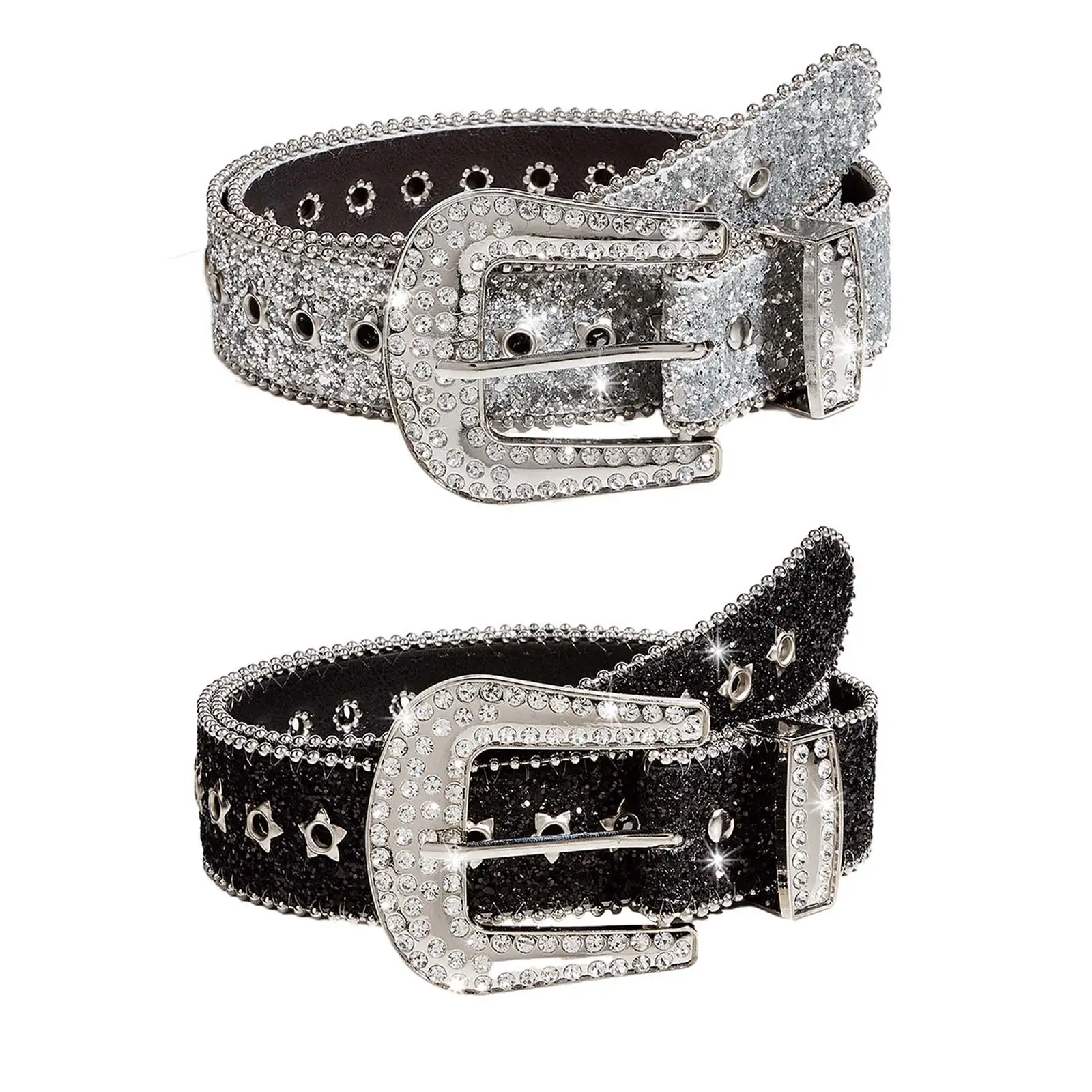 

Rhinestone Belt Eyelet Belt Prong Buckle for Girls for Women Men Trendy Waist Belt PU Leather Belt for Trousers Dress Shorts