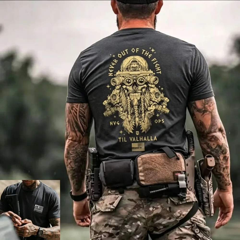2026 New Tactical Military Double-sided Print T-shirt for Men, Skull NVG Graphic With Til Valhalla Slogan