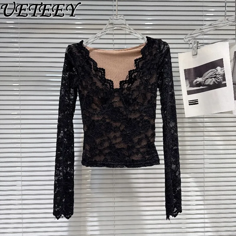 Autunno Inverno Nuovo Sexy Scollo a V Bordo ondulato Slim Fit Manica lunga Top in pizzo Versatile camicia a base corta in tinta unita per le donne