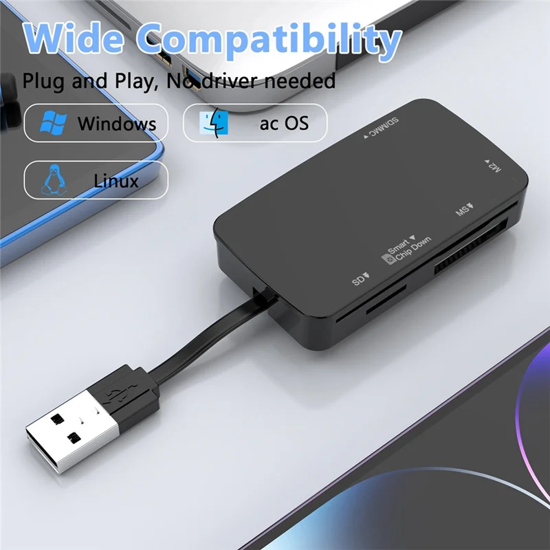 

6-In-1 USB 2.0 Card Reader/Adapter/Hub With 480Mbps Rapid Transfer For TF, MS, M2, SD/MMC Smart Cards