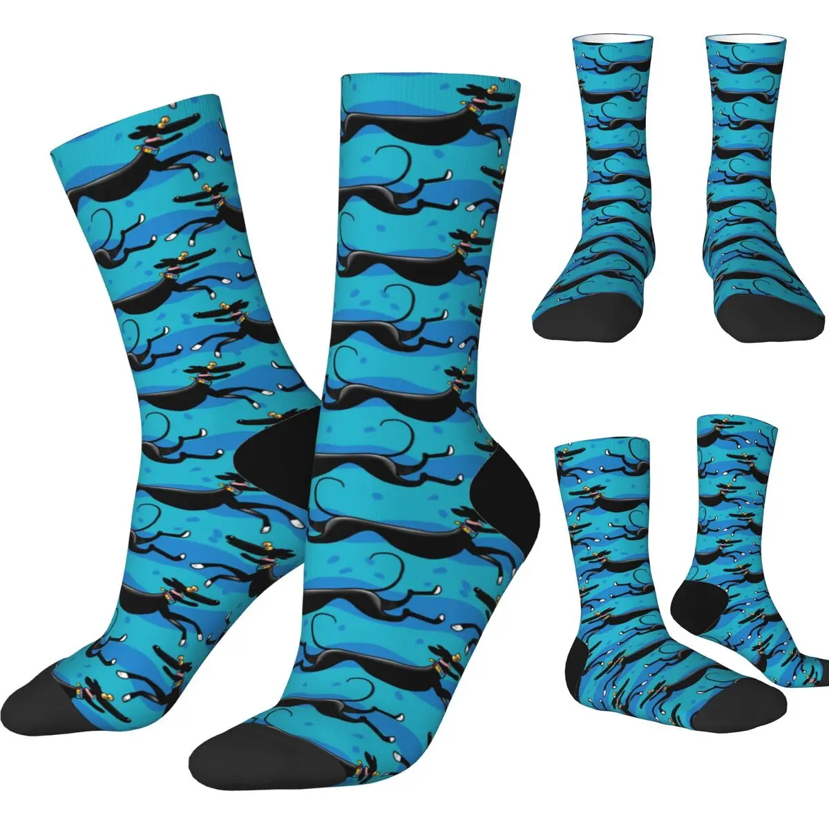 Winter Warm Crazy Design Unisex Blue Zoomies Pattern Socks Greyhound Whippet Lurcher Dog Sweat Absorbing Soccer Socks