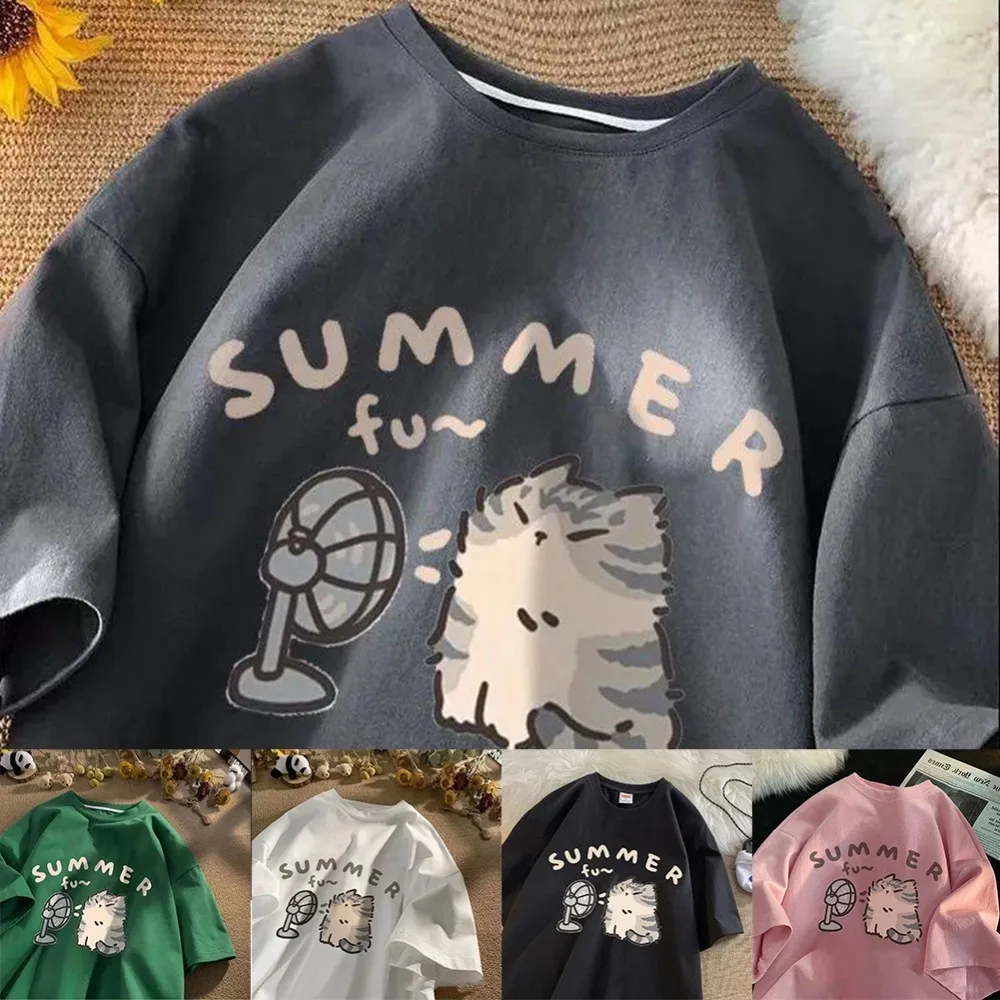 Summer Creative Blow Fan Cat Print Clothing Men and Women's Cotton Loose Short Sleeve Couple Wear T-Shirt Clothing Women's Top