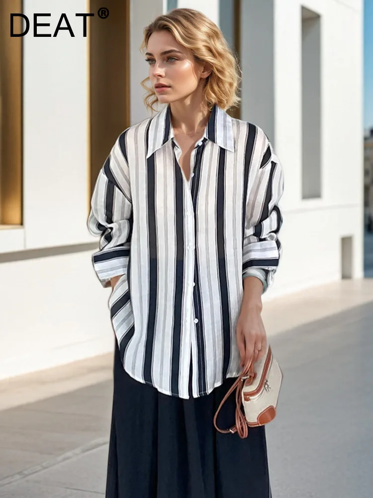 

DEAT Fashion Women's Sunscream Stripe Shirt Lapel Single Breasted Loose Thin Ramie Casual Blouse Autumn 2024 New Tide 7AB4620