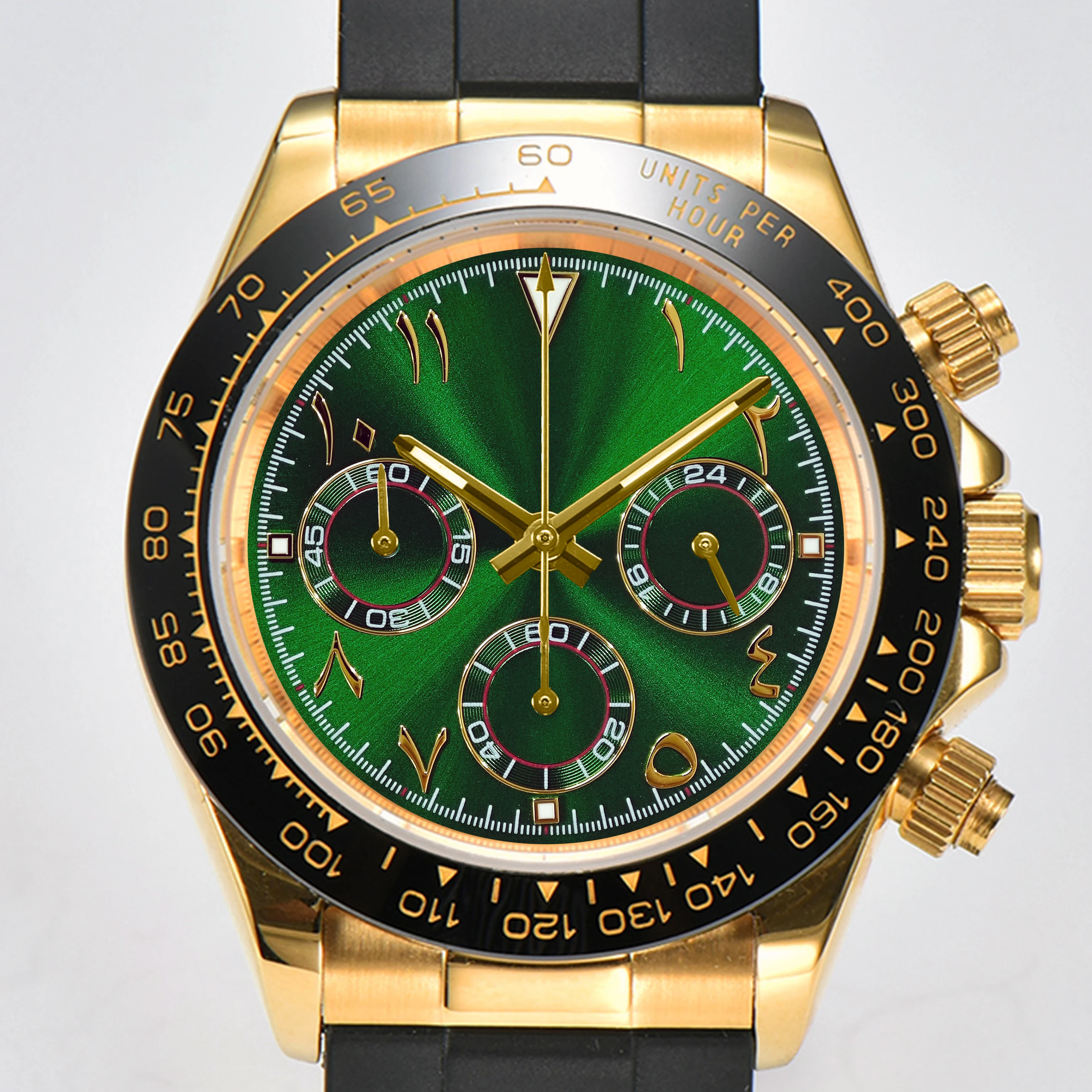 OUMASHI 42 mm goldene Herren-Chronographenuhr mit arabischen Ziffern, VK63, Quarzwerk, C3, leuchtendes, wasserdichtes Saphirglas 4