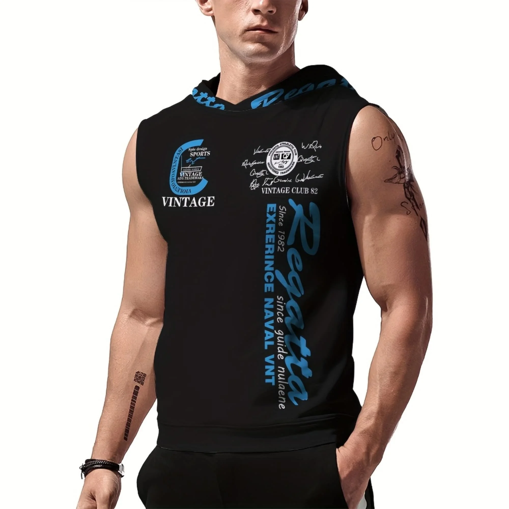 Herren Locker Sitzendes Kapuzen-Tanktop mit 3D-Digital-Buchstabendruck, Schnelltrocknendes Atmungsaktives Ärmelloses Hoodie für Wandern, Workout und Outdoor-Sport – Detail 2