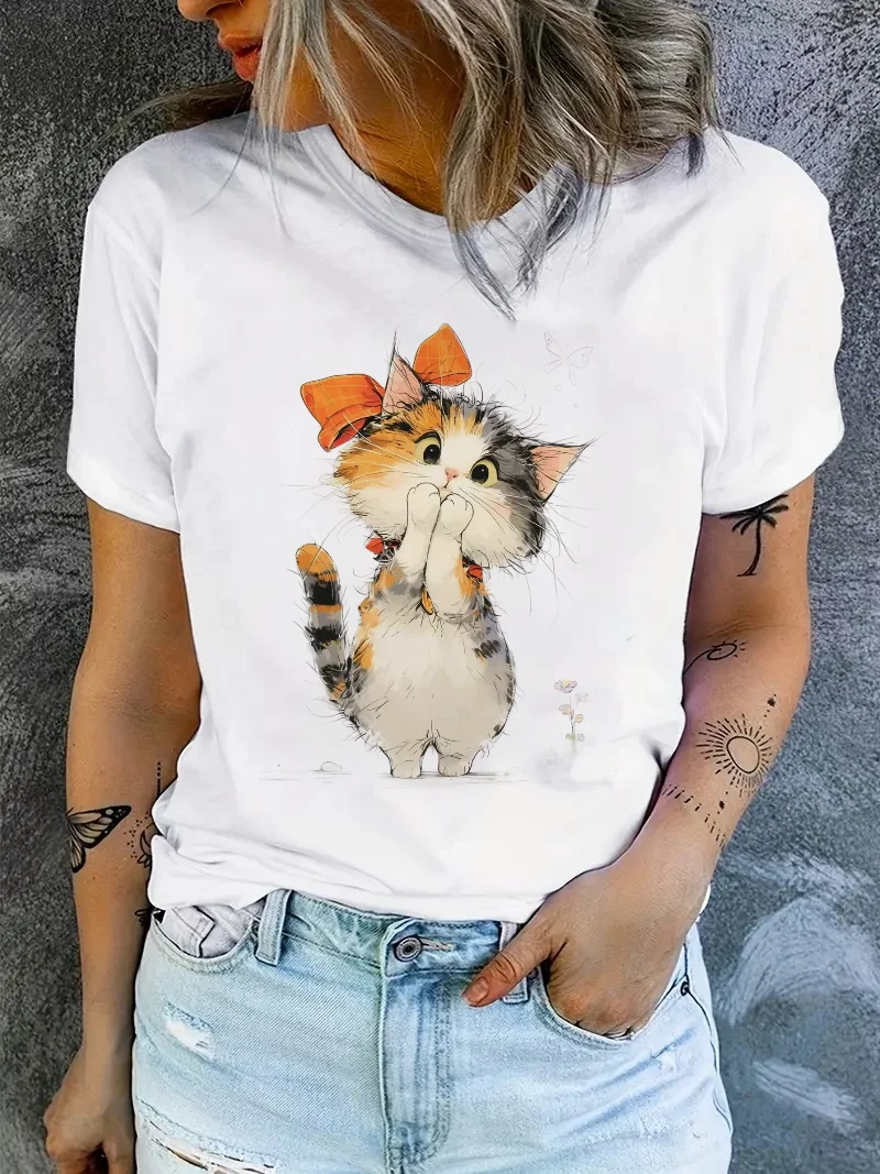 

Kawaii 90s Printed T-Shirt Cute Casual Round Neck Polyester T-Shirt Women's Short Sleeved Women's Cat Pattern Top Fashionable T-