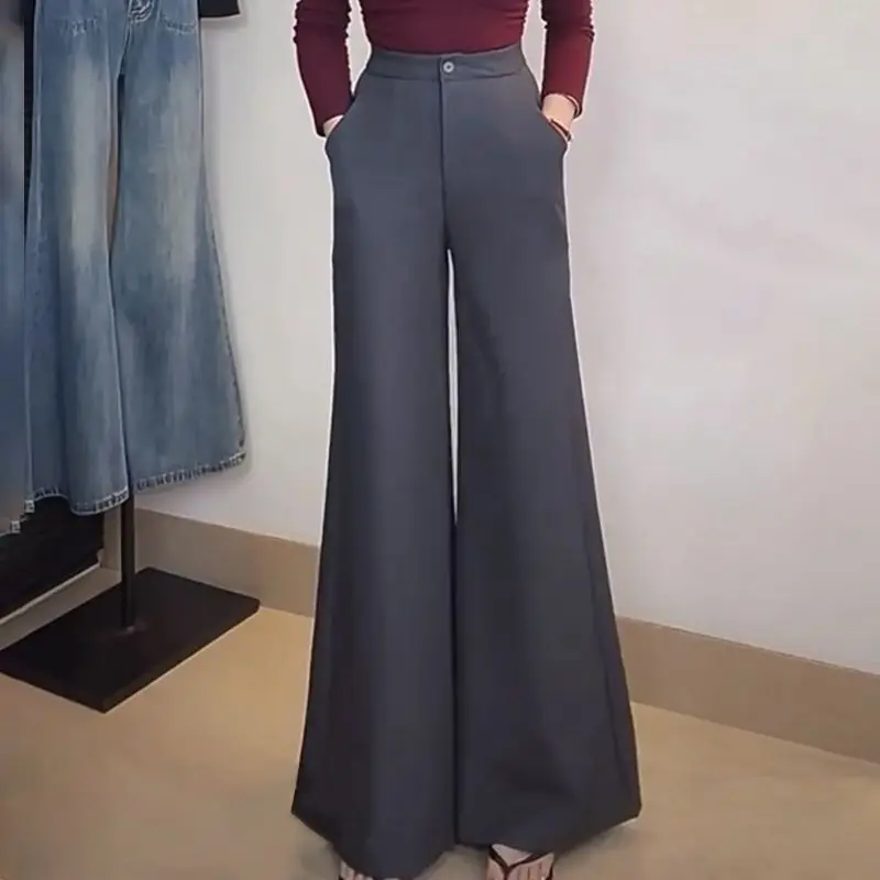 سروال بدلة متوهج أنيق للخريف والشتاء عالي الخصر