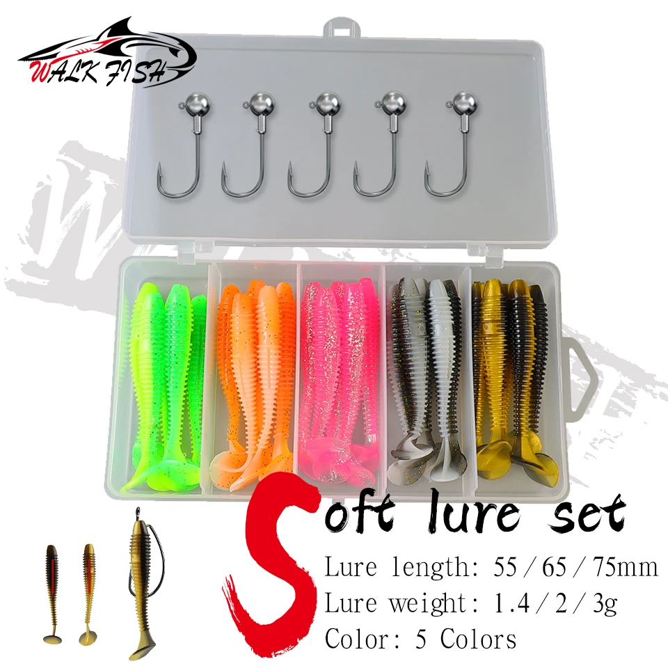 

WALK FISH 30PCS/Box Soft Fishing Lures Set 55/65/75MM Artificial Bait Worm Lure With Jig Head Hooks For Bass Fishing Tackle