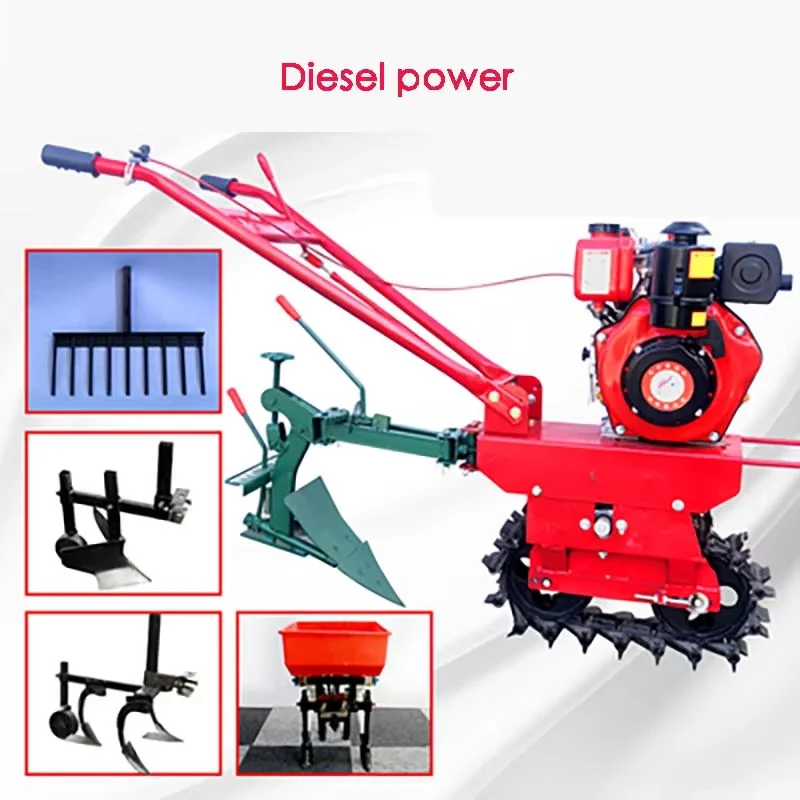 4KW Diesel powerful Chain track mini-tiller, single-wheel plowing machine, cultivating trencher, fertilizing planter