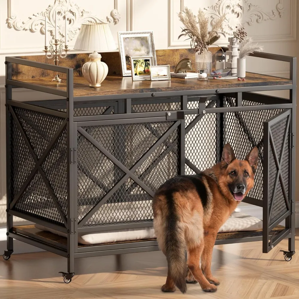 

Large Dog Crate Furniture, 48 Inch Wooden Dog Kennel , Heavy Duty Dogs Furniture Indoor Wire Dog Cage with Adjustable Feet