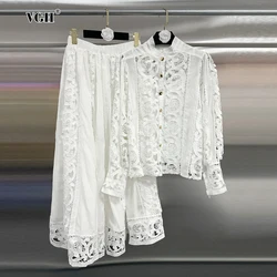 VGH Elegant Hollow Out Two Piece Sets For Women Stand Collar Long Sleeve Shirt High Waist Embroidery Skirts Solid Set Female New