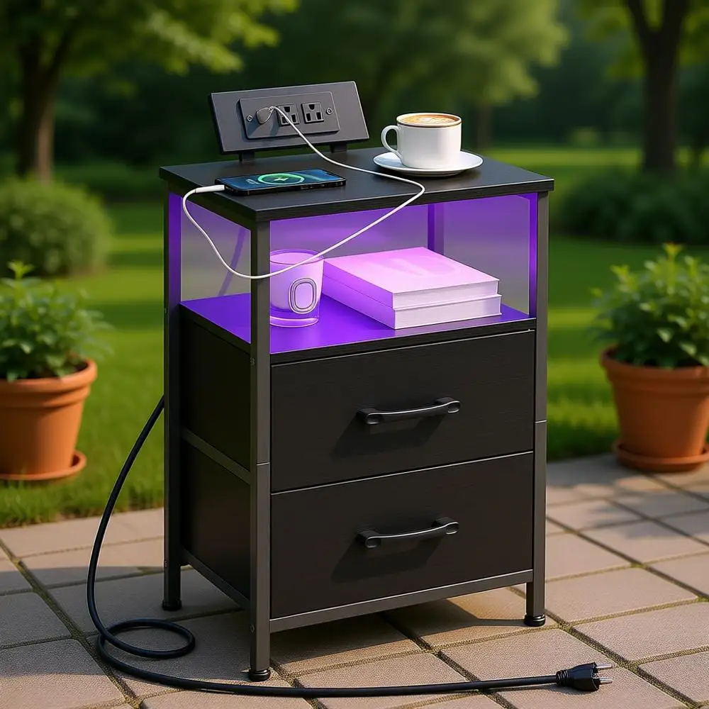 

Contemporary Nightstand with Charging, LED Bedside Table, and Dual Outlet End Table for Bedroom