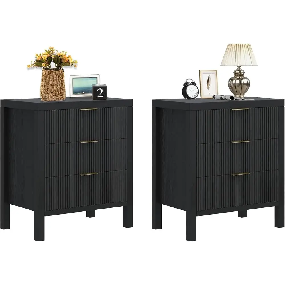 

Pair of Wooden Nightstands, 6 Drawer Bedside Tables - Boho Style Tall End Tables for Bedroom, Living Room (Black)