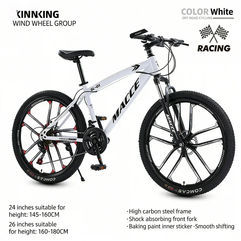 

White 26-Inch High-End Mountain Bike with 10-Spoke Wheels Shock Absorbing Gear Shift Adult Student Outdoor Cycling Sports Bicyc