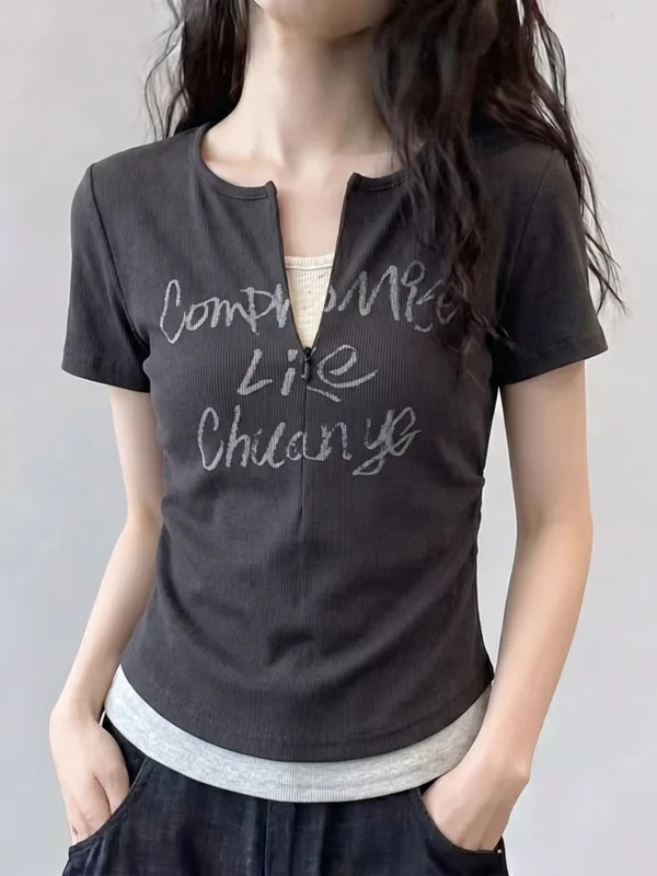 Unique Women's Short Sleeve T-Shirt Half Zipper Shoulder Design Summer New Style plus Size Street Fashion Casual Comfortable Top