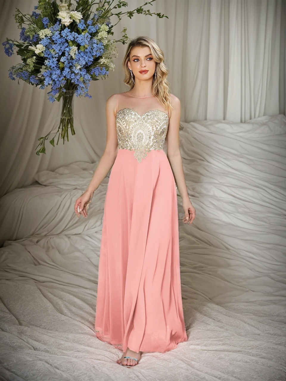 Vestidos largos rosas para mujer, ilusión, cuello redondo, transparente, sin espalda, Apliques de encaje, vestido de noche de gasa imperio, corte en A, vestidos de fiesta formales