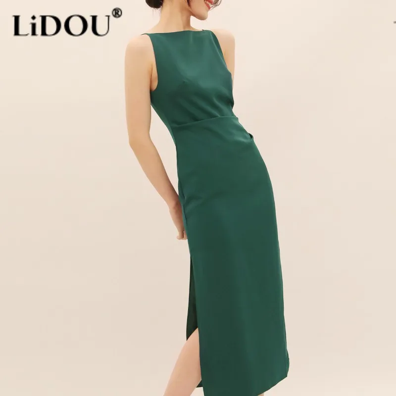 

Spring Summer Slim Solid Color Slit Dress Women Sleeveless One Shoulder Office Lady Vestidos De Fiesta Korean Casual Clothes