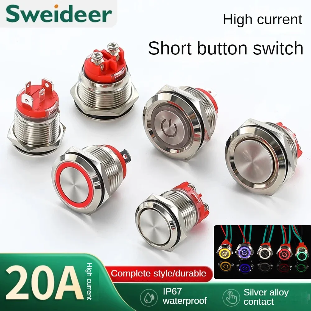 16/19/22mm 20A High Current Metal Push Button Switch IP67 Waterproof LED Light Momentary Latching Car Engine Power Switch Red