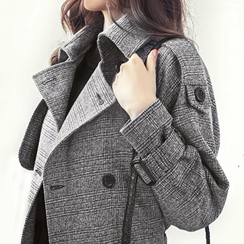 

Checkered Trench Coat for Women Autumn New Double Breasted Slim Fitting Suit Medium Length Woolen Coat