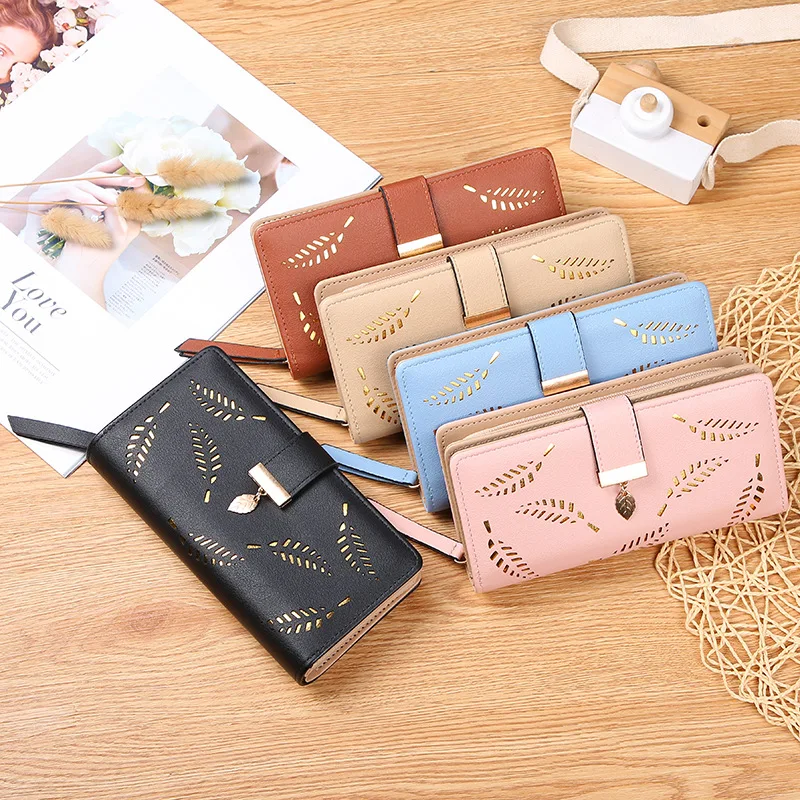 Leather Women Wallets Clutch Purse Female Long Wallet Gold Hollow Leaves Handbag Ladies Credit Card Holders Coin Purse Phone Bag